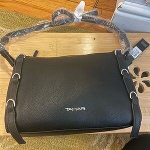 Tahari Black Vegan Pebbled Shoulder Bag with Silver Accents